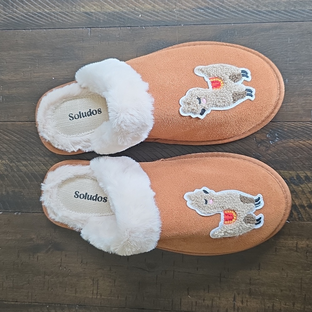 NWT Soludos Cozy Llama Leather Slippers with Faux Fur Trim, Size 7
